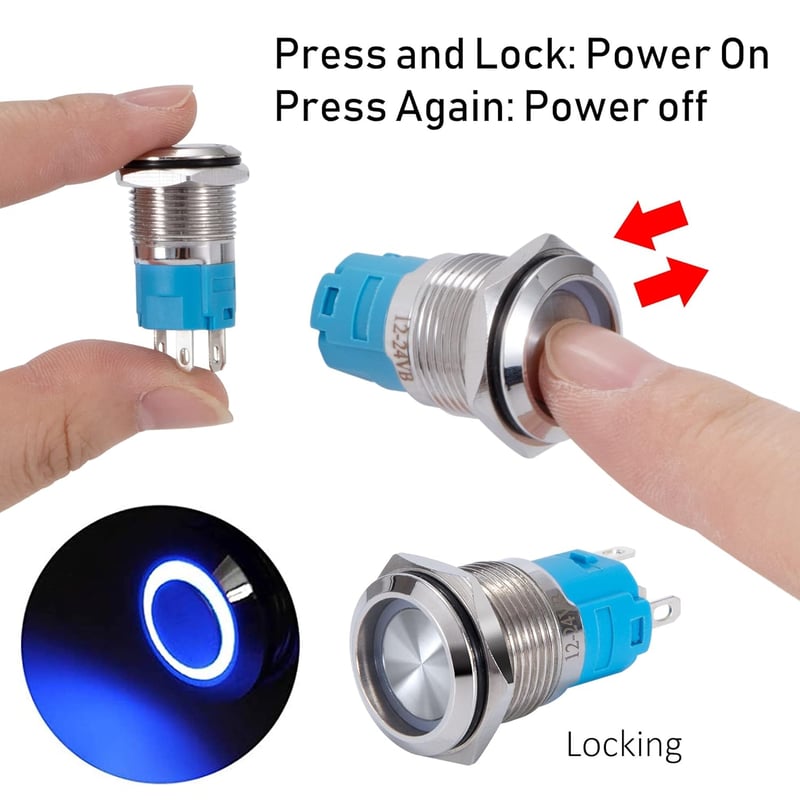 QIMEI-SHOP 16mm vízálló nyomógomb kapcsoló LED 12-24V 3A kék gyűrűvel 5db