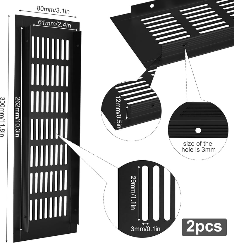 QIMEI-SHOP Alumínium téglalap szellőző rács elszívó rács korrózióvédelemmel fekete 30 x 8 cm szekrényhez hálószobába