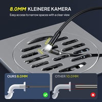 Endoskopická kamera Qimic so svetlom, 1080P HD, 8 LED diód, 2,4-palcový IPS displej, IP67, 2x zoom, polotuhý kábel 5 m, 2000 mAh batéria 3