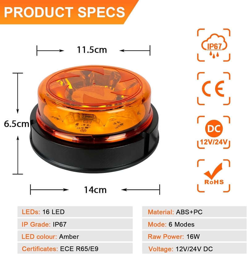 Qiping LED forgó villogó fény narancssárga 12V 24V vízálló 6 üzemmód autó teherautó traktor targonca SUV UTV pótkocsi