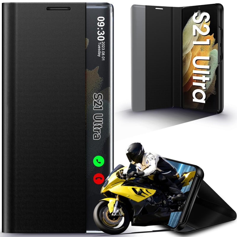 Zrkadlové flipové puzdro Qissy so stojanom pre Samsung Galaxy S21 Ultra 5G - čierne