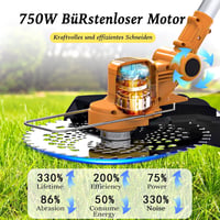 Qiyasjew akkus fűszegélynyíró 750W kefe nélküli motor, 4 vágófej, 2x4,0Ah akkuval 2
