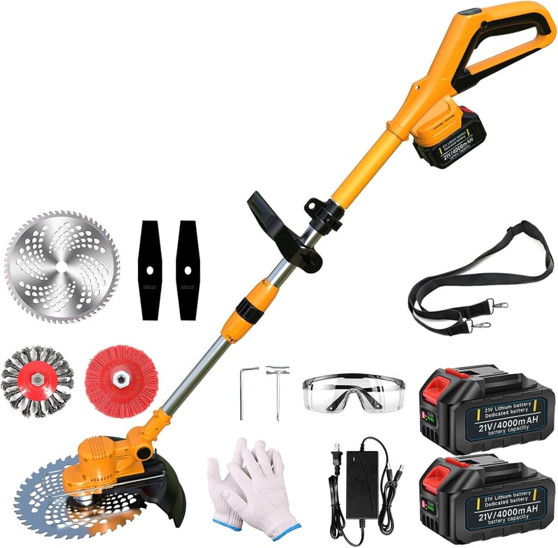 Qiyasjew akkus fűszegélynyíró 750W kefe nélküli motor, 4 vágófej, 2x4,0Ah akkuval