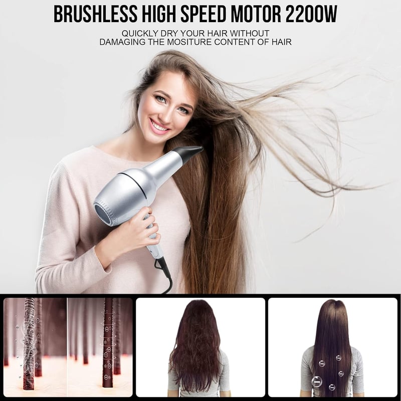 QL Ionos Hajszárító Fali Tartóval és Diffúzorral - 2200W AC Kefementes Motor, 3 Hőfokozat, Ezüst, Szalonminőség