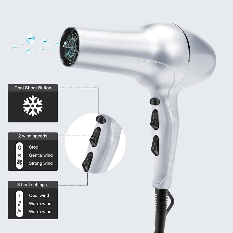 QL Ionos Hajszárító Fali Tartóval és Diffúzorral - 2200W AC Kefementes Motor, 3 Hőfokozat, Ezüst, Szalonminőség