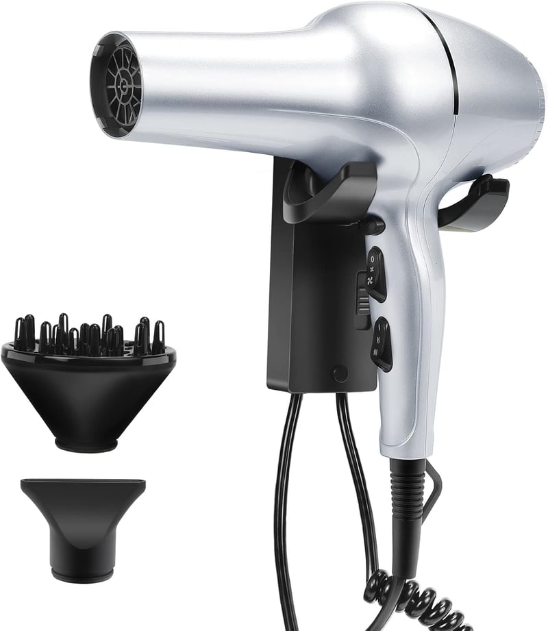 QL Ionos Hajszárító Fali Tartóval és Diffúzorral - 2200W AC Kefementes Motor, 3 Hőfokozat, Ezüst, Szalonminőség