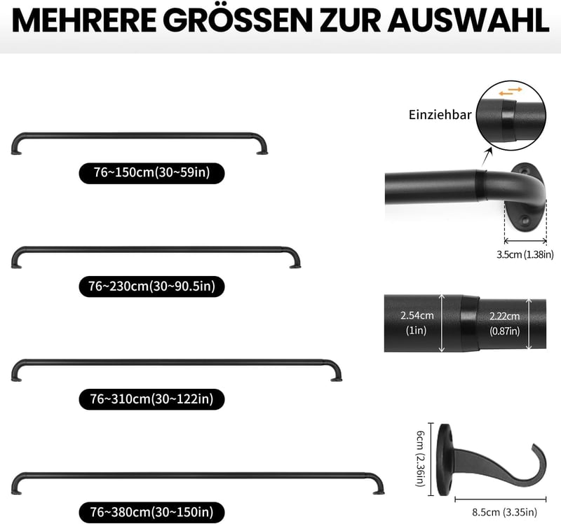 Qlfyuu fekete fém függönykarnis 76-310 cm, 25 mm átmérő, szobához és nappalihoz