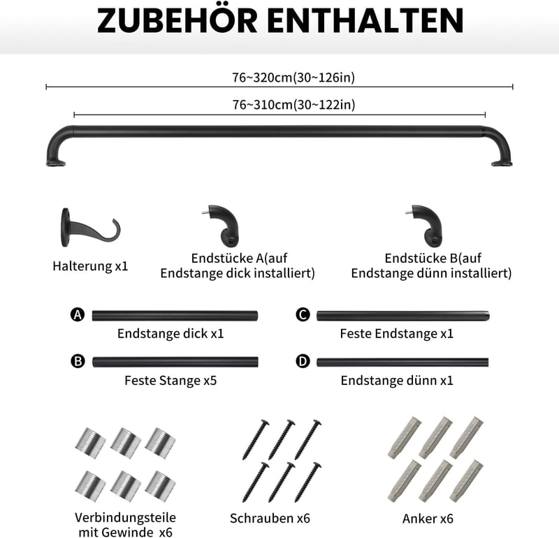 Qlfyuu fekete fém függönykarnis 76-310 cm, 25 mm átmérő, szobához és nappalihoz