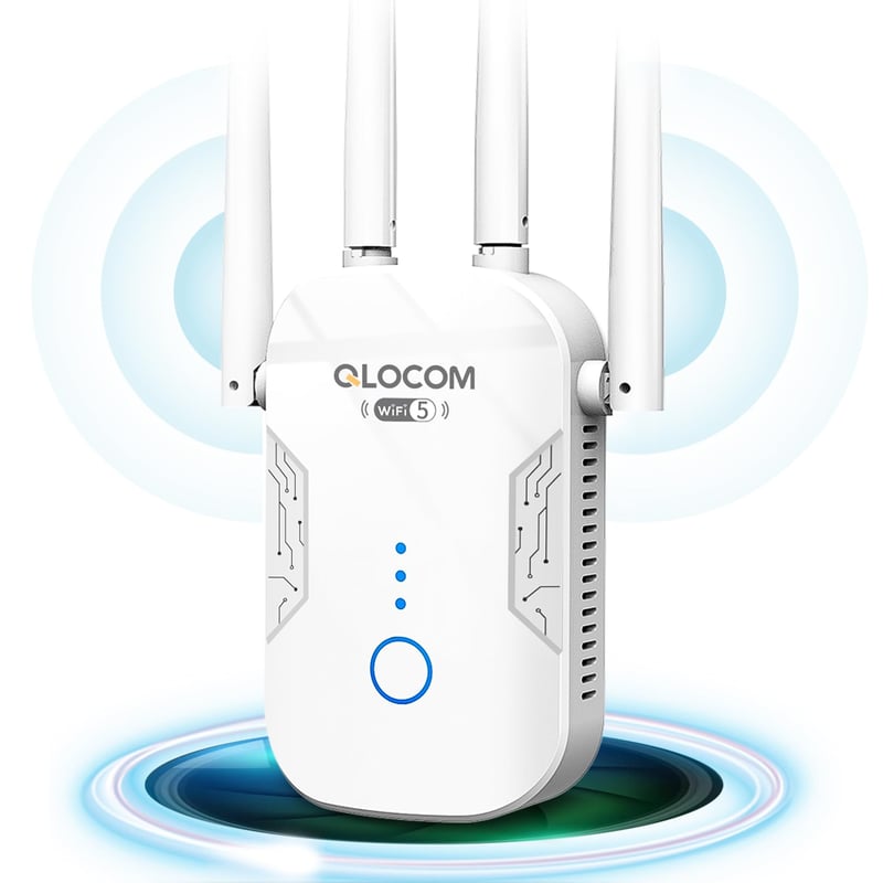 QLOCOM WiFi zosilňovač signálu 1200 Mbit/s, dvojpásmový WLAN opakovač 5 GHz a 2,4 GHz, funkcia WPS, WiFi zosilňovač pre všetky bezdrôtové zariadenia