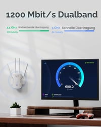 QLOCOM WiFi zosilňovač signálu 1200 Mbit/s, dvojpásmový WLAN opakovač 5 GHz a 2,4 GHz, funkcia WPS, WiFi zosilňovač pre všetky bezdrôtové zariadenia 2