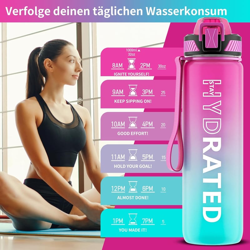 QLUR 1 Literes BPA-Mentes Tritan Sportpalack Időjelöléssel és Szívószállal Lila-Zöld