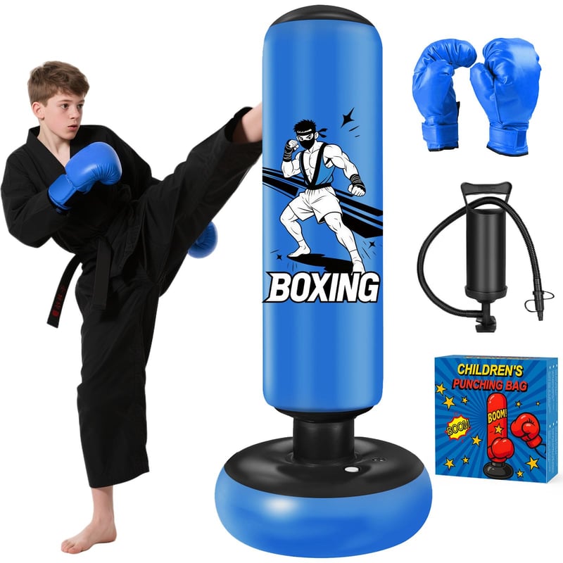 Qoosea 168 cm Nafukovacie boxerské vrece pre deti s boxerskými rukavicami a pumpou, voľne stojace tréningové vrece pre chlapcov a dievčatá, karate, taekwondo, MMA