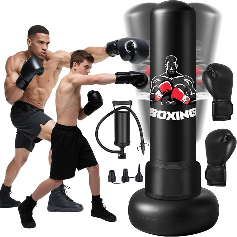 Qoosea 180 cm Álló Boxzsák Felfújható Edzészsák Boxkesztyűvel Felnőtteknek