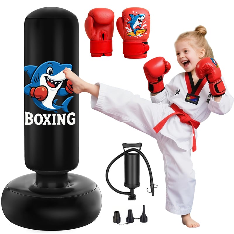 Sac de box pentru copii Qoosea, 3-8 ani, 130 cm, sac de box gonflabil cu mănuși de box, pentru antrenament de karate, kickbox, taekwondo, MMA, pentru băieți și fete