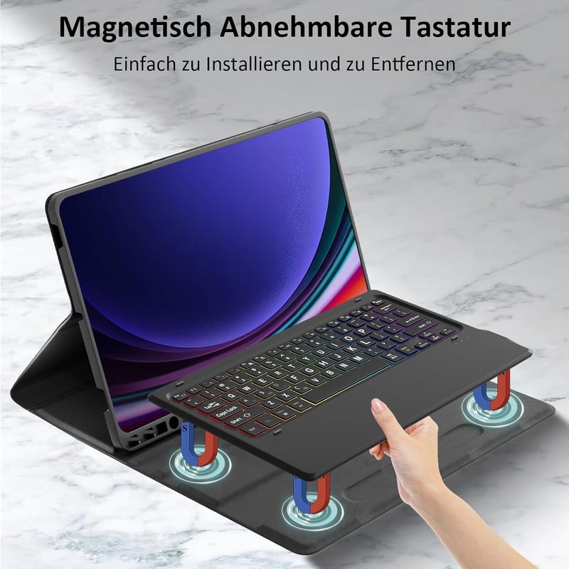 Qoosea QWERTZ Háttérvilágítású Billentyűzetes Tok Samsung Tab S9 FE+/S9+ 12.4" Tablethez - Levehető Bluetooth Billentyűzet, TPU Védőtok, 3 Á