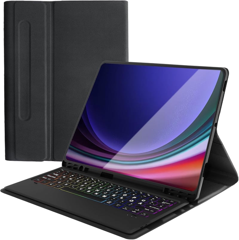 Qoosea QWERTZ Háttérvilágítású Billentyűzetes Tok Samsung Tab S9 FE+/S9+ 12.4" Tablethez - Levehető Bluetooth Billentyűzet, TPU Védőtok, 3 Á