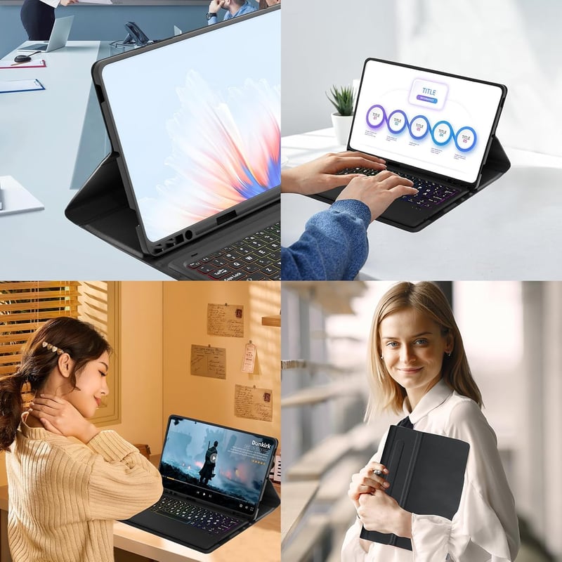 Qoosea QWERTZ Háttérvilágítású Billentyűzetes Tok Samsung Tab S9 FE+/S9+ 12.4" Tablethez - Levehető Bluetooth Billentyűzet, TPU Védőtok, 3 Á