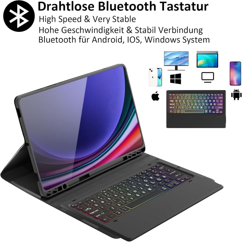 Qoosea QWERTZ Háttérvilágítású Billentyűzetes Tok Samsung Tab S9 FE+/S9+ 12.4" Tablethez - Levehető Bluetooth Billentyűzet, TPU Védőtok, 3 Á
