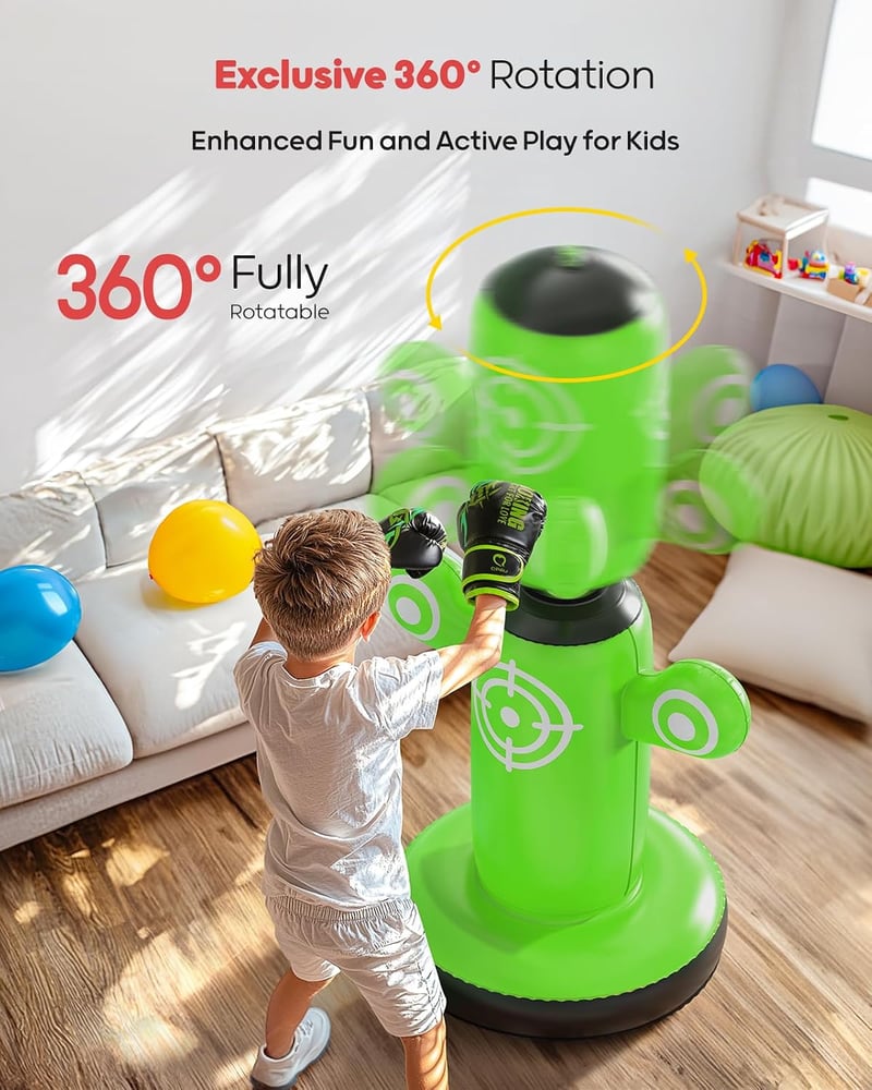 QPAU 360 fokban forgatható álló felfújható boxzsák gyerekeknek 6-14 év 64 inch zöld fekete kesztyűvel kézi pumpával 6 céllal karate játék