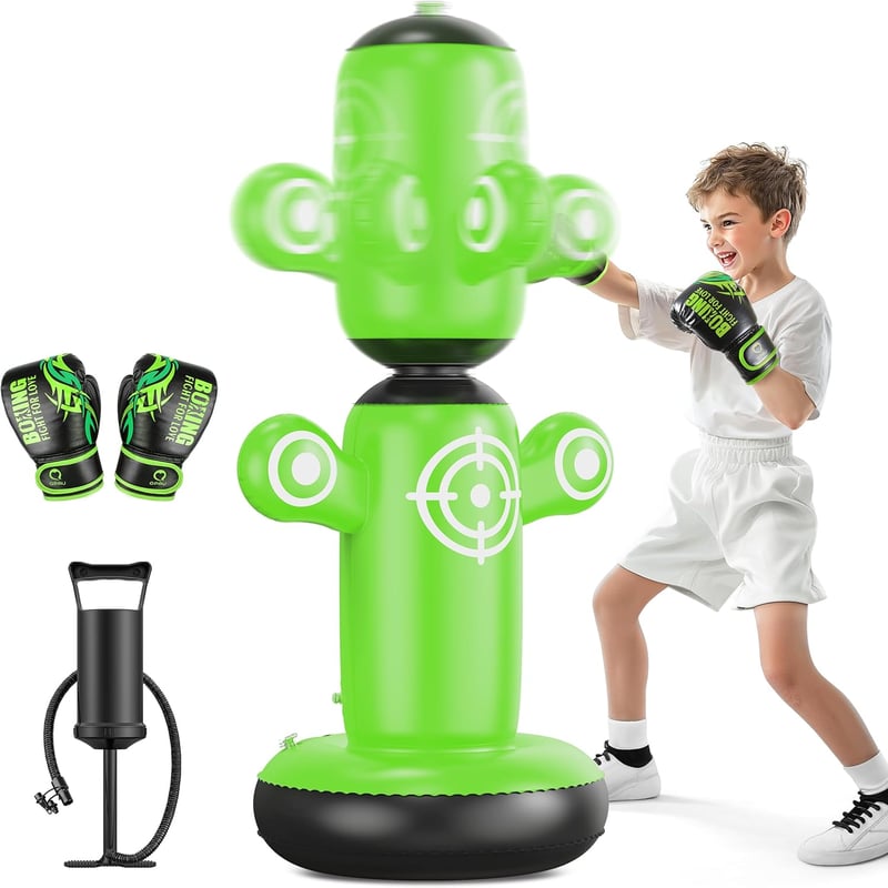 QPAU 360 fokban forgatható álló felfújható boxzsák gyerekeknek 6-14 év 64 inch zöld fekete kesztyűvel kézi pumpával 6 céllal karate játék