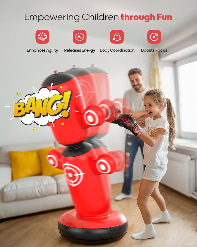 QPAU 360° Forgó Boxzsák Gyerekeknek 6-14 Év, Álló Punchingball Kesztyűvel és Pumpával