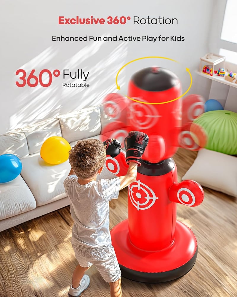 QPAU 360° Forgó Boxzsák Gyerekeknek 6-14 Év, Álló Punchingball Kesztyűvel és Pumpával
