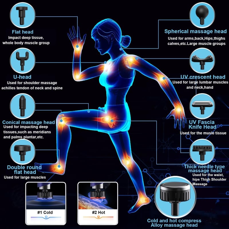 QSPORTPEAK Mini masszázspisztoly fűtéses és hűtéses, 3200 rpm, 13 mm fej, 9 tartozék, 3600 mAh, fekete kézi fascia masszírozó nyakra hátra t