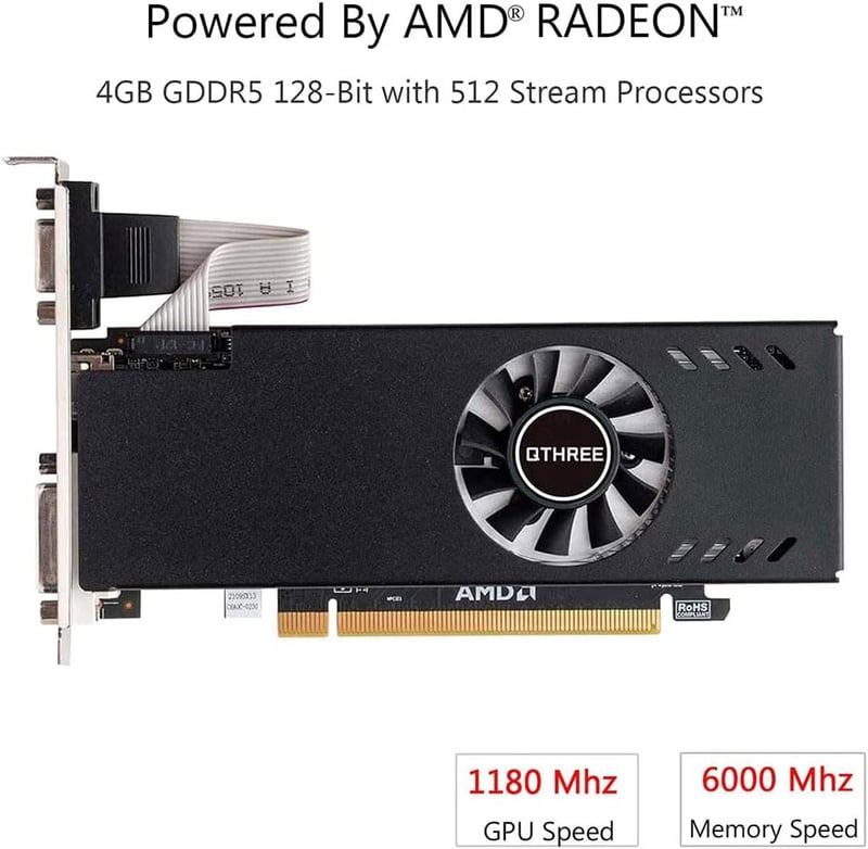 QTHREE Radeon RX 550 Low Profile videókártya 4GB GDDR5 128 bites DVI-D HDMI VGA PCIe x8 asztali DirectX 12