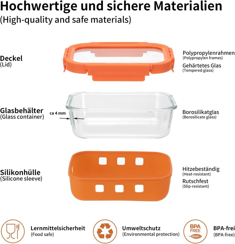QuaLife Üveg Ételhordó Szett 6x640ml Szivárgásmentes Mikrózható