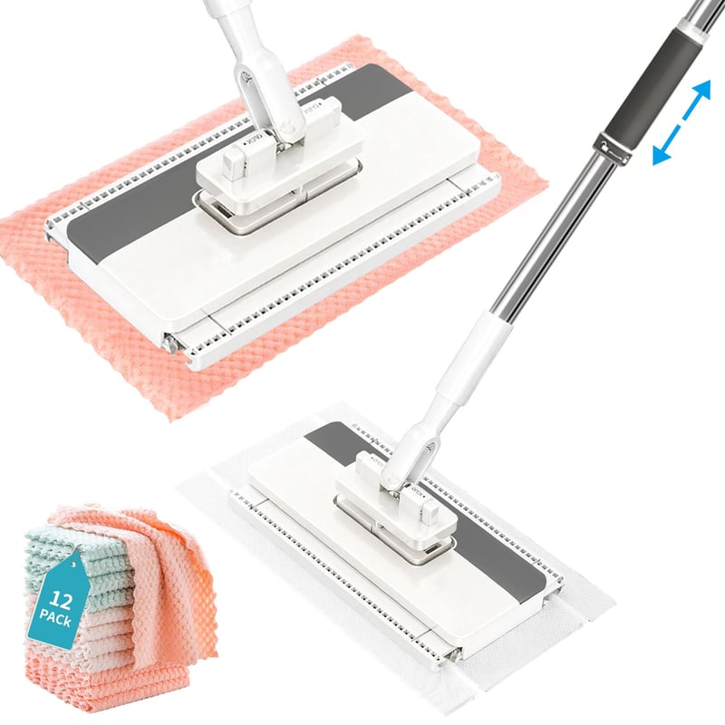 Sistem de curățare cu mop QuazarPyon cu cleme de fixare, 12 lavete din microfibră, mâner telescopic, mop pentru podele