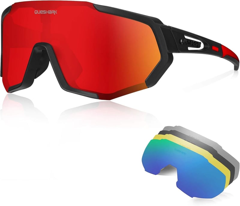 Queshark Sportszemüveg Kerékpáros Szemüveg Polarizált UV400 Védelem 5 Cserélhető Lencsével Fekete-Piros Outdoor Bicikli Futás