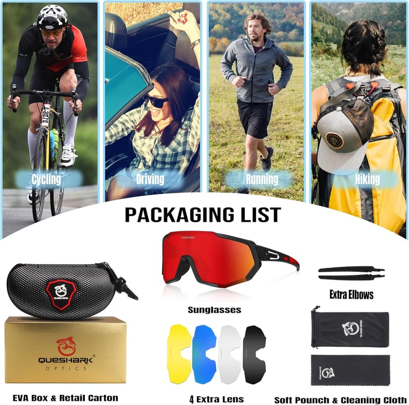Queshark Sportszemüveg Kerékpáros Szemüveg Polarizált UV400 Védelem 5 Cserélhető Lencsével Fekete-Piros Outdoor Bicikli Futás