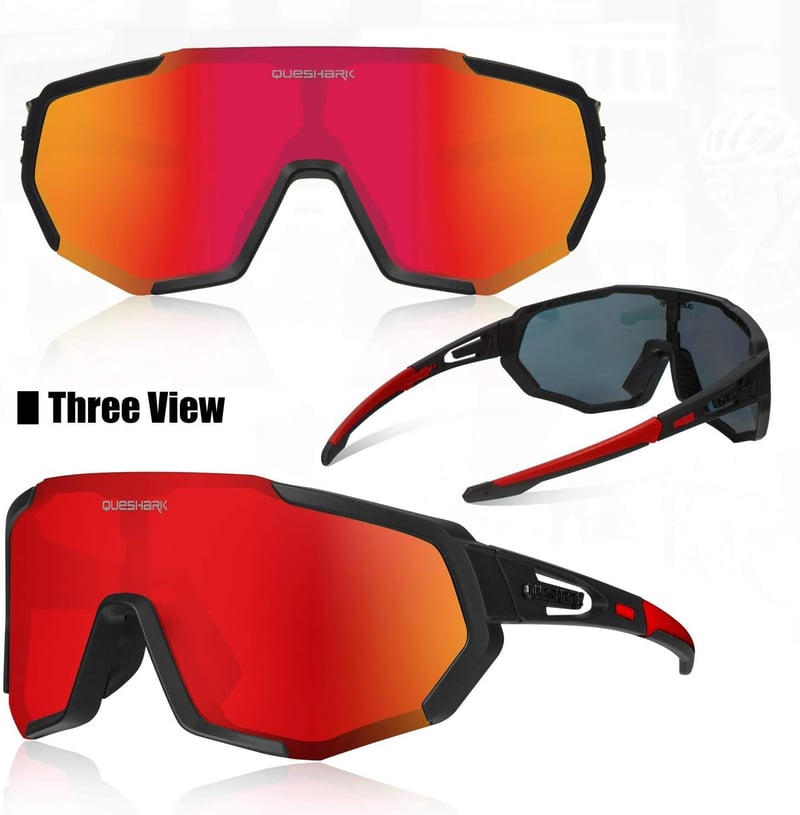 Queshark Sportszemüveg Kerékpáros Szemüveg Polarizált UV400 Védelem 5 Cserélhető Lencsével Fekete-Piros Outdoor Bicikli Futás