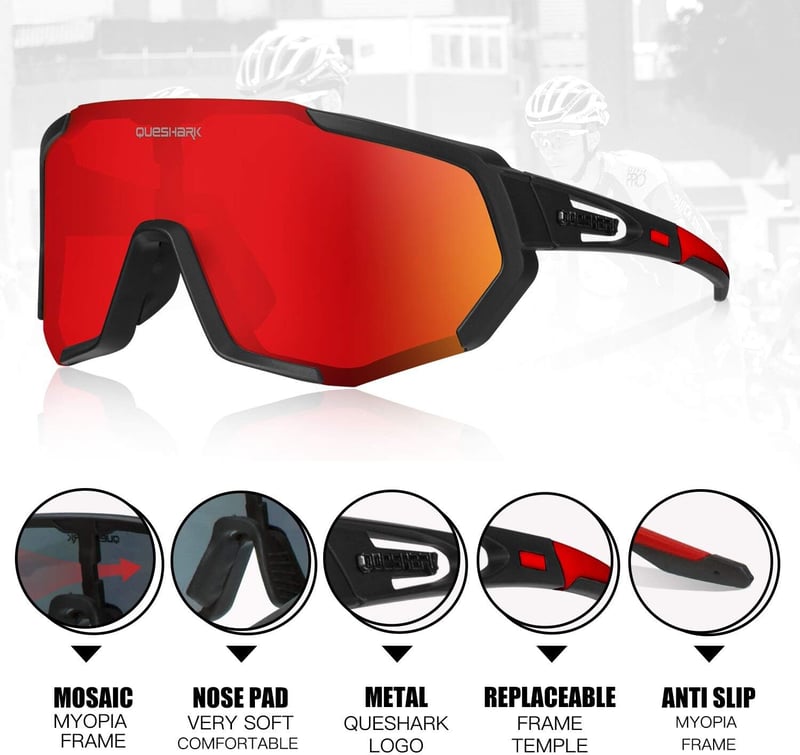 Queshark Sportszemüveg Kerékpáros Szemüveg Polarizált UV400 Védelem 5 Cserélhető Lencsével Fekete-Piros Outdoor Bicikli Futás