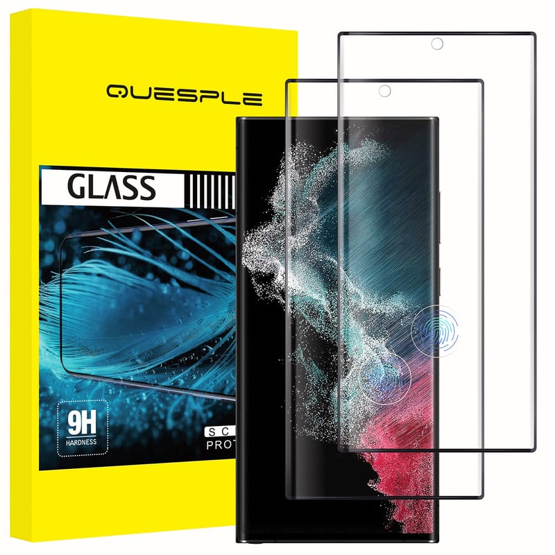 Folie Sticlă Securizată QUESPLE pentru Samsung Galaxy S22 Ultra, 2 bucăți - Margini Curbate 3D, Acoperire Completă, Duritate 9H, Anti-bule, Compatibilă cu Cititorul de Amprente