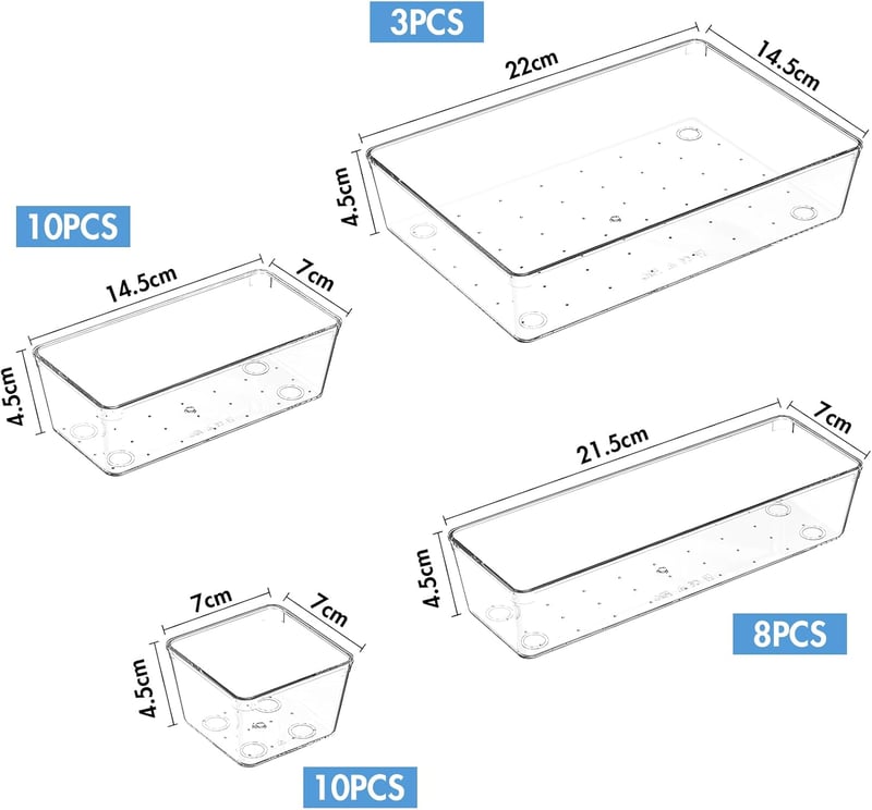 Quirlig 31 részes fiók szervező szett, sminktartó, asztal és konyha rendszerezőhöz - 31 PCS, Transparent