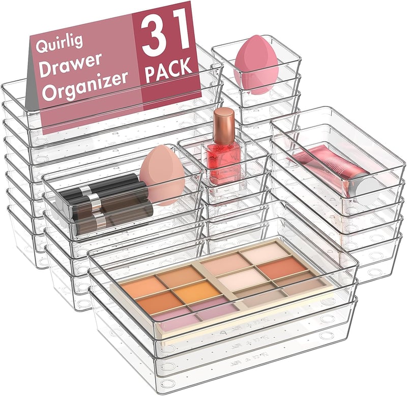Quirlig 31 részes fiók szervező szett, sminktartó, asztal és konyha rendszerezőhöz - 31 PCS, Transparent