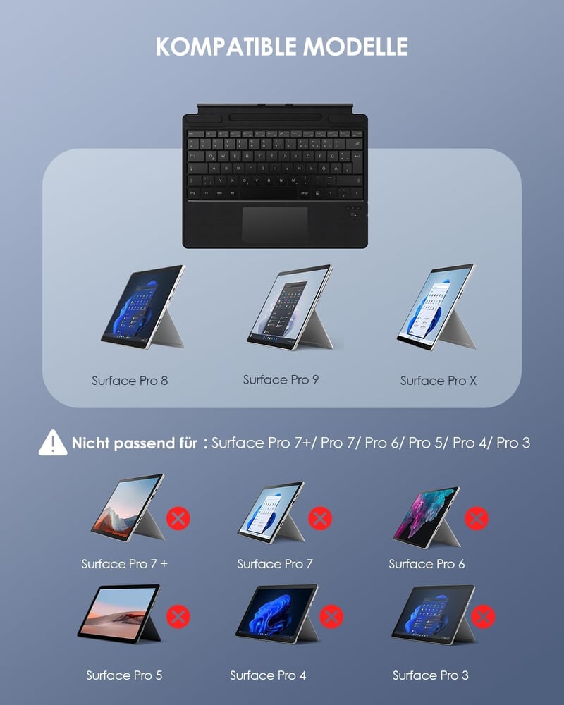 Qulose Surface Pro 8/9/X/11 Bluetooth Billentyűzet QWERTZ Érintőpaddal