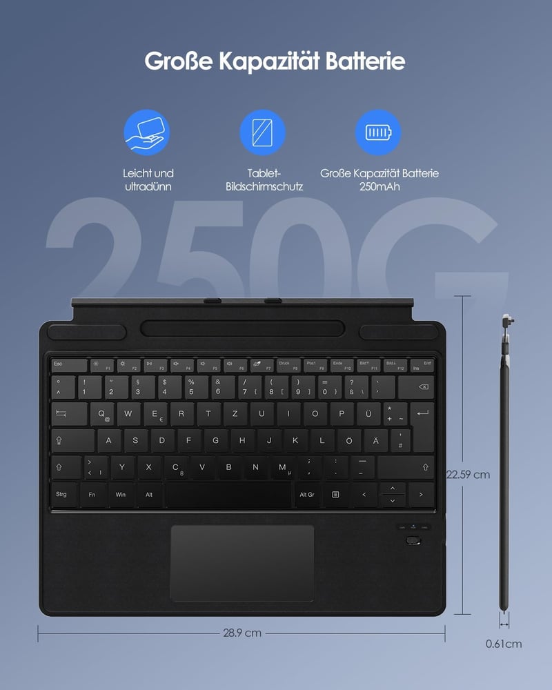 Qulose Surface Pro 8/9/X/11 Bluetooth Billentyűzet QWERTZ Érintőpaddal