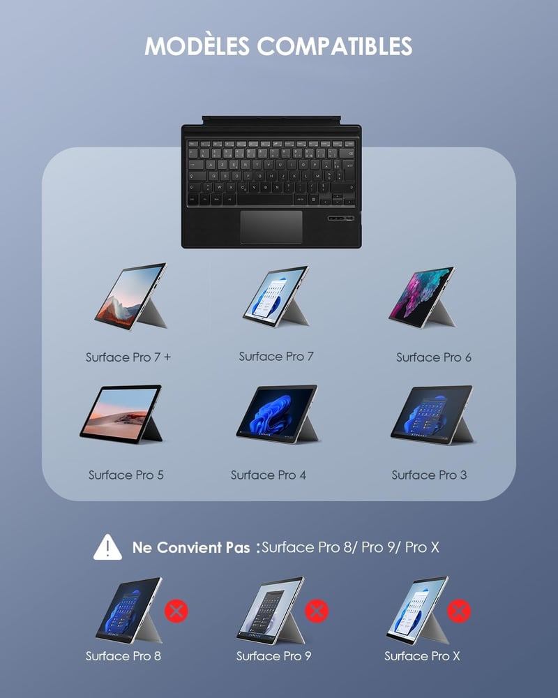 Qulose Surface Pro Wireless AZERTY Billentyűzet Fekete Bluetooth Touchpad