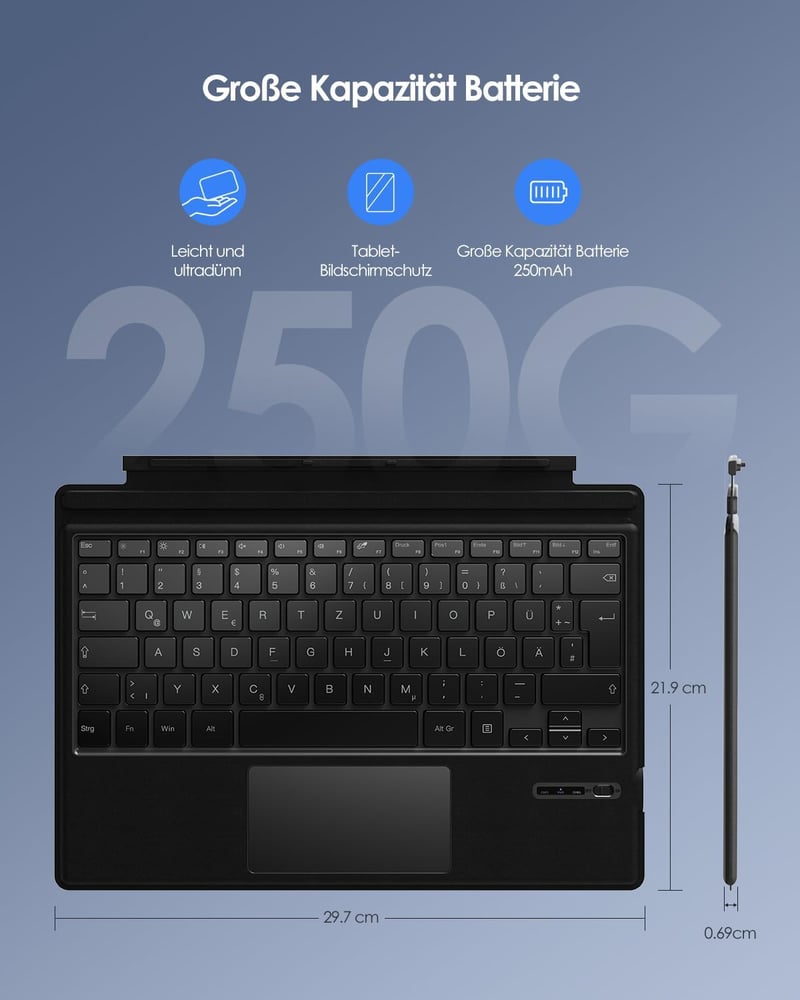 Qulose Surface Pro Wireless Bluetooth Billentyűzet QWERTZ Touchpad-dal
