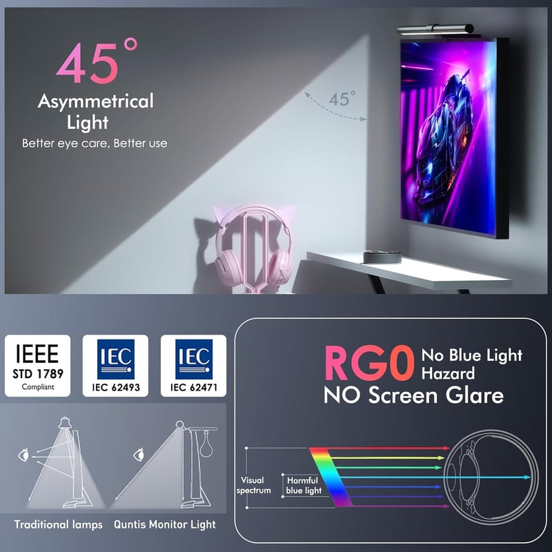 Quntis 51 cm Íves Monitor Lámpa RGB Háttérvilágítással - 15 Üzemmódú Távirányítós Gamer Világítás, Szemkímélő Szabályozható USB Monitorfény 
