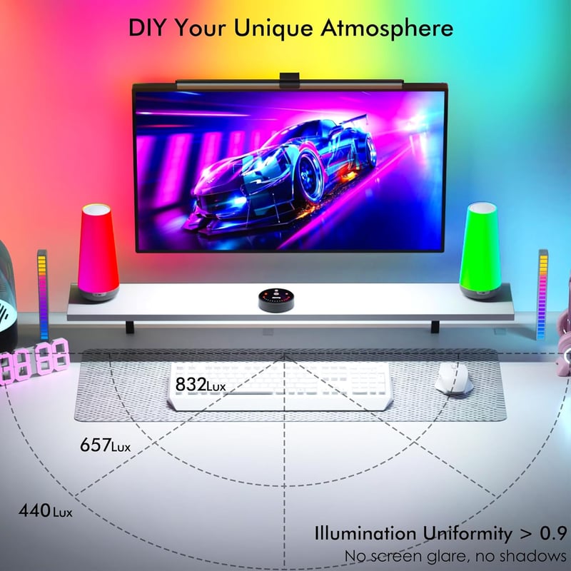 Quntis 51 cm Íves Monitor Lámpa RGB Háttérvilágítással - 15 Üzemmódú Távirányítós Gamer Világítás, Szemkímélő Szabályozható USB Monitorfény 