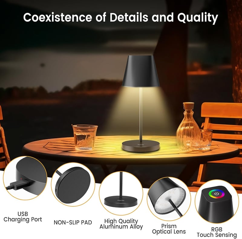 Quntis LED asztali lámpa érintésvezérlős, USB töltős, RGB színváltó, vízálló kültéri - 2, 3 colour temperature + RGB