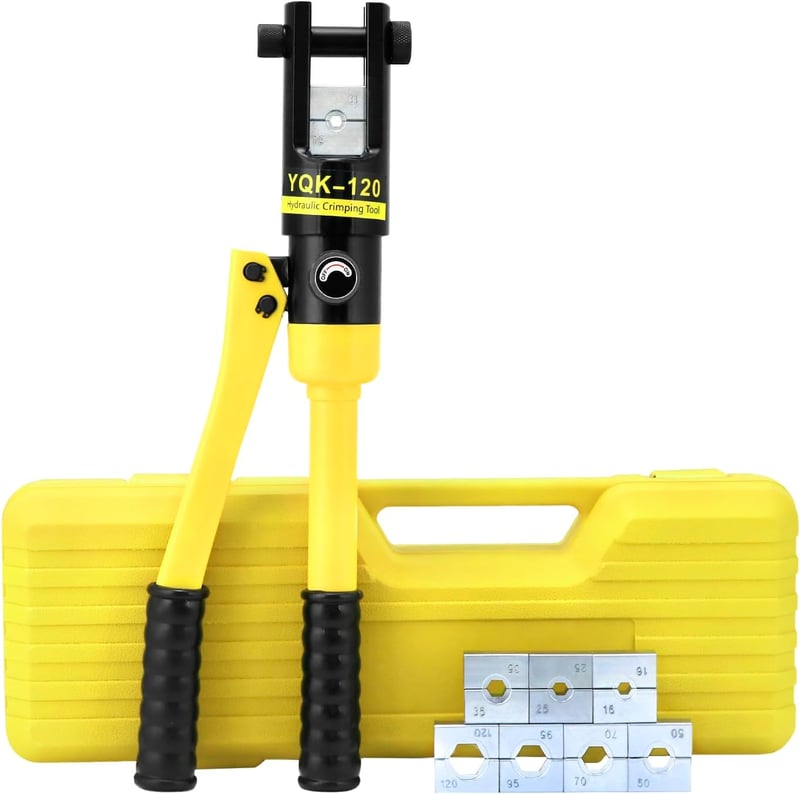 QWORK hidraulikus présfogó kábelsarukhoz 12 t, 8 betéttel - 10-120 mm²