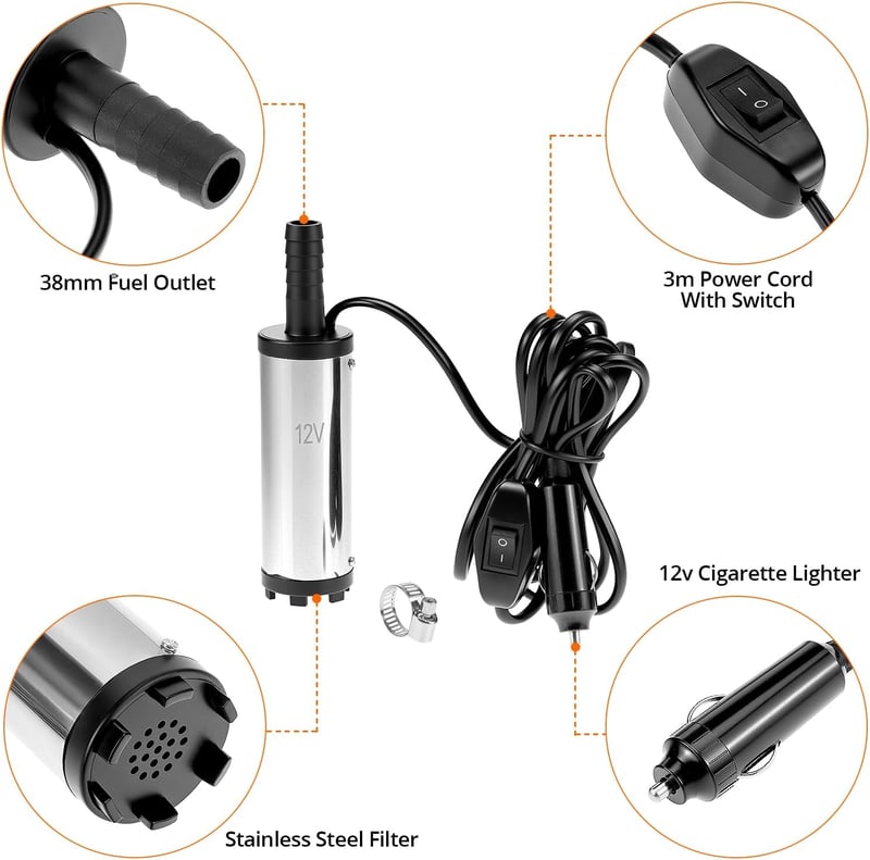 QWORK 12V Dízel Szivattyú 38mm Rozsdamentes Acél Cigarettagyújtó Csatlakozóval