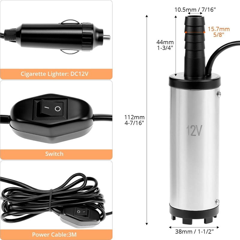 QWORK 12V Dízel Szivattyú 38mm Rozsdamentes Acél Cigarettagyújtó Csatlakozóval
