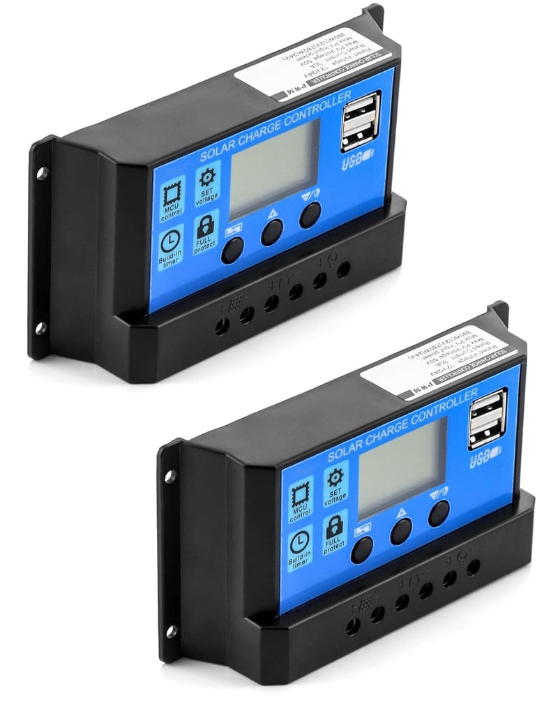 QWORK 2db Napelemes Töltésvezérlő 30A 12V/24V USB Porttal és LCD Kijelzővel