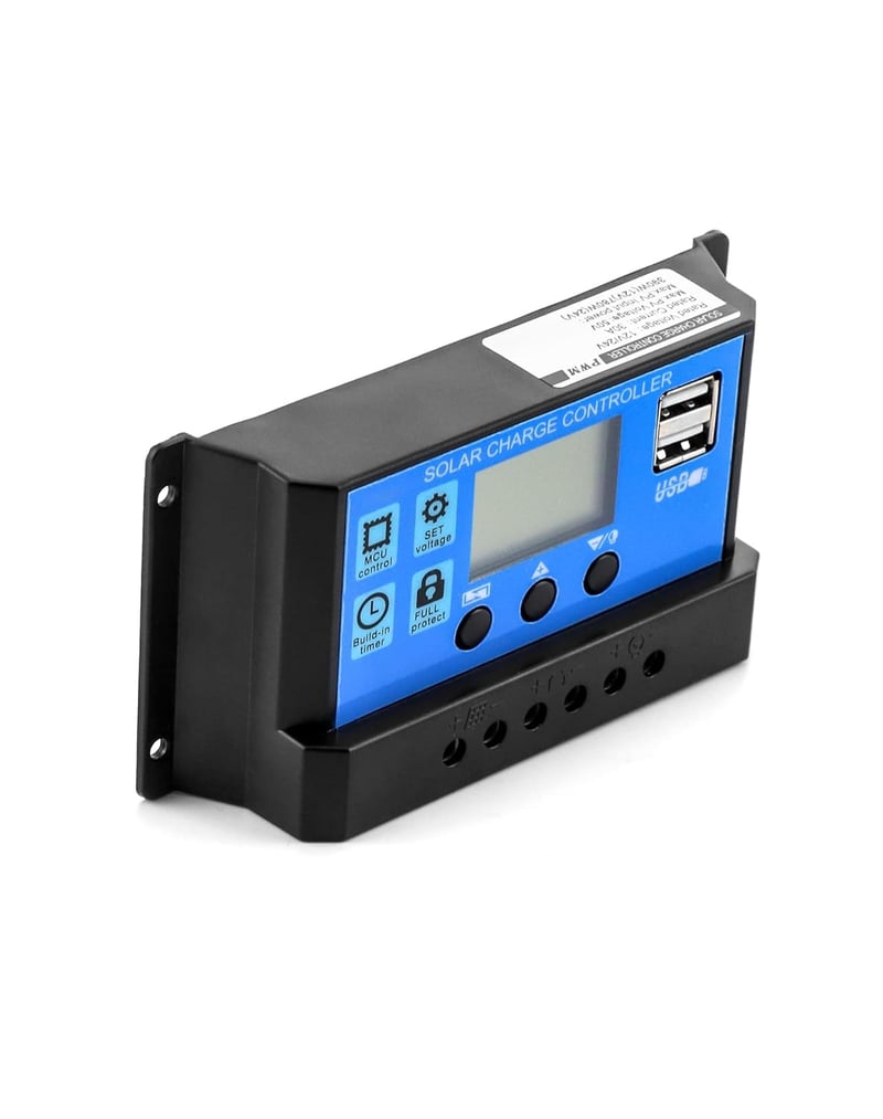 QWORK 2db Napelemes Töltésvezérlő 30A 12V/24V USB Porttal és LCD Kijelzővel
