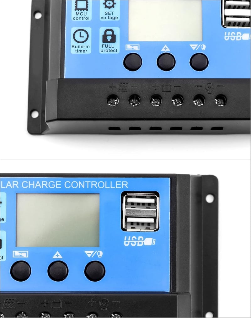 QWORK 2db Napelemes Töltésvezérlő 30A 12V/24V USB Porttal és LCD Kijelzővel